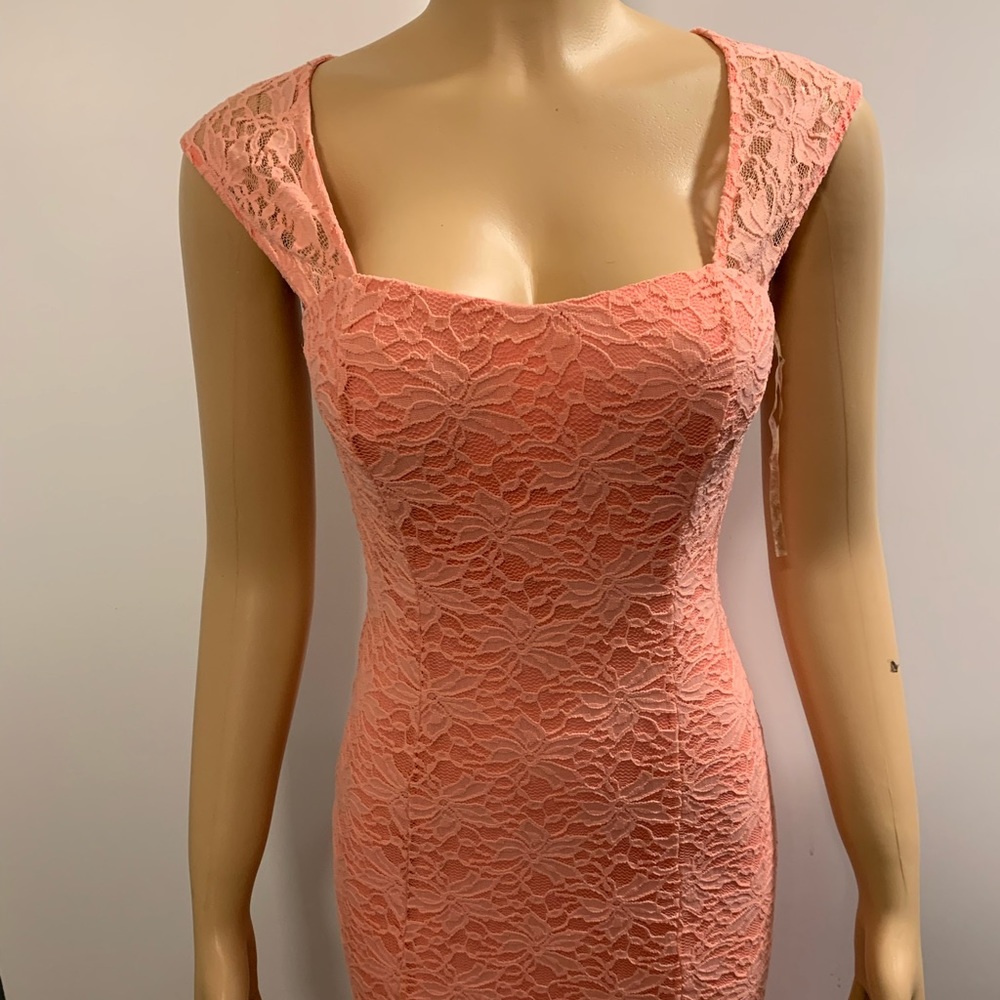 Women junior orange pink lace bodycon mermaid maxi dress size (XL) sleeveless